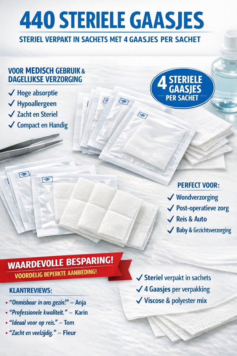 440 Steriele Gaasjes  | Hypoallergeen, Sterk Absorberend & Hygiënisch Verpakt per 4 – Ideaal voor Wondverzorging, Reizen en Dagelijks Gebruik | Groot & Voordelig Voordeelpak voor Thuis en Professioneel Gebruik