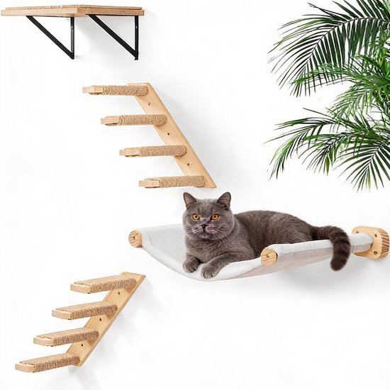 Katten klimmuur Complete Set Ruimtebesparend Speel- en Klimparadijs - Katten klim wand Stevig Wandgemonteerd Design met Krabpaal en Platformen voor Grote Katten | Duurzaam en Comfortabel Klimsysteem voor Binnen