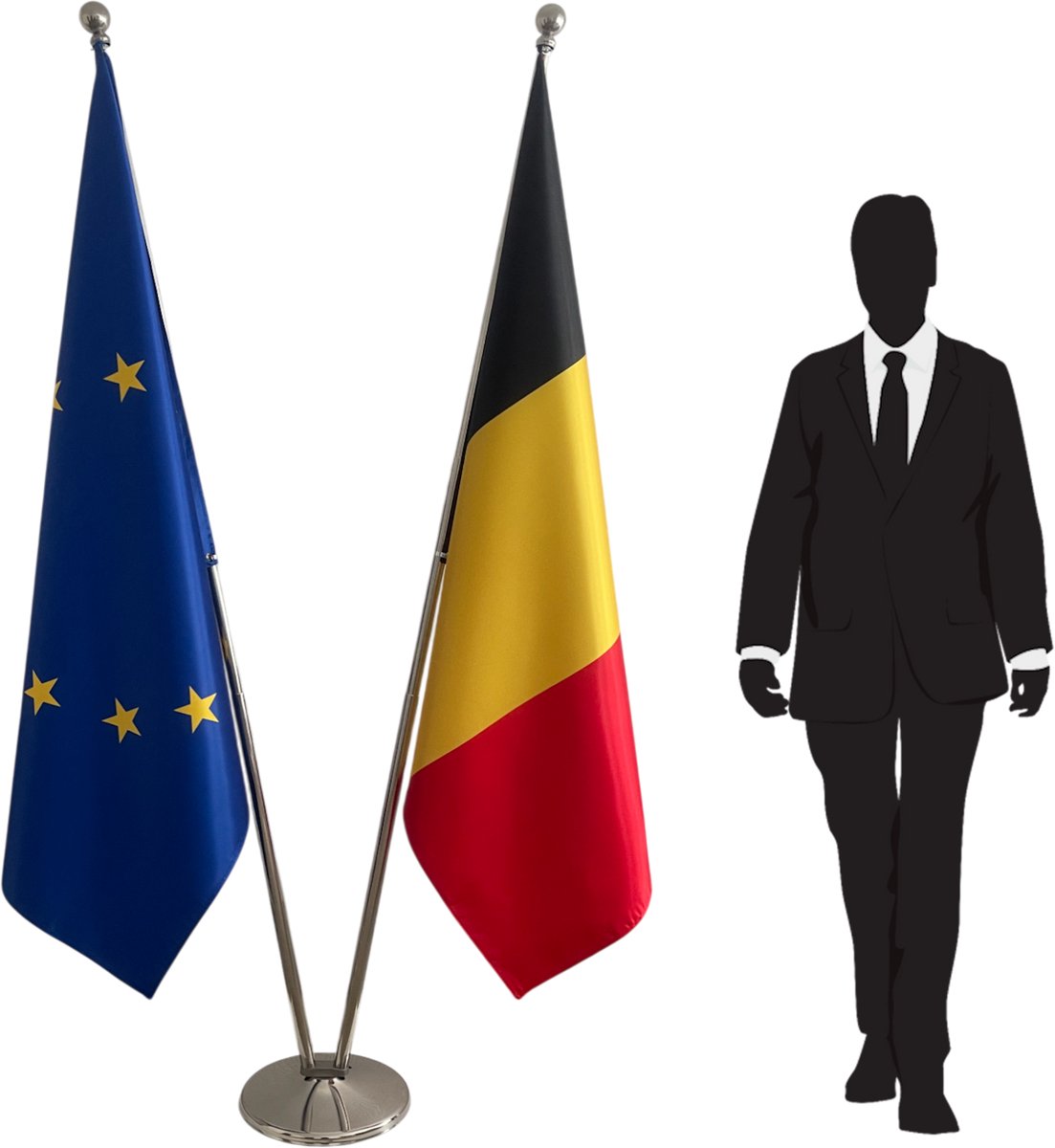 Belgische en Europese vlag met standaard en mast RVS – dubbele vlaggenstandaard – telescopische masten tot 2,5 m – 2x 100x150 cm dubbelzijdig bedrukt – professionele kantoor en institutionele set