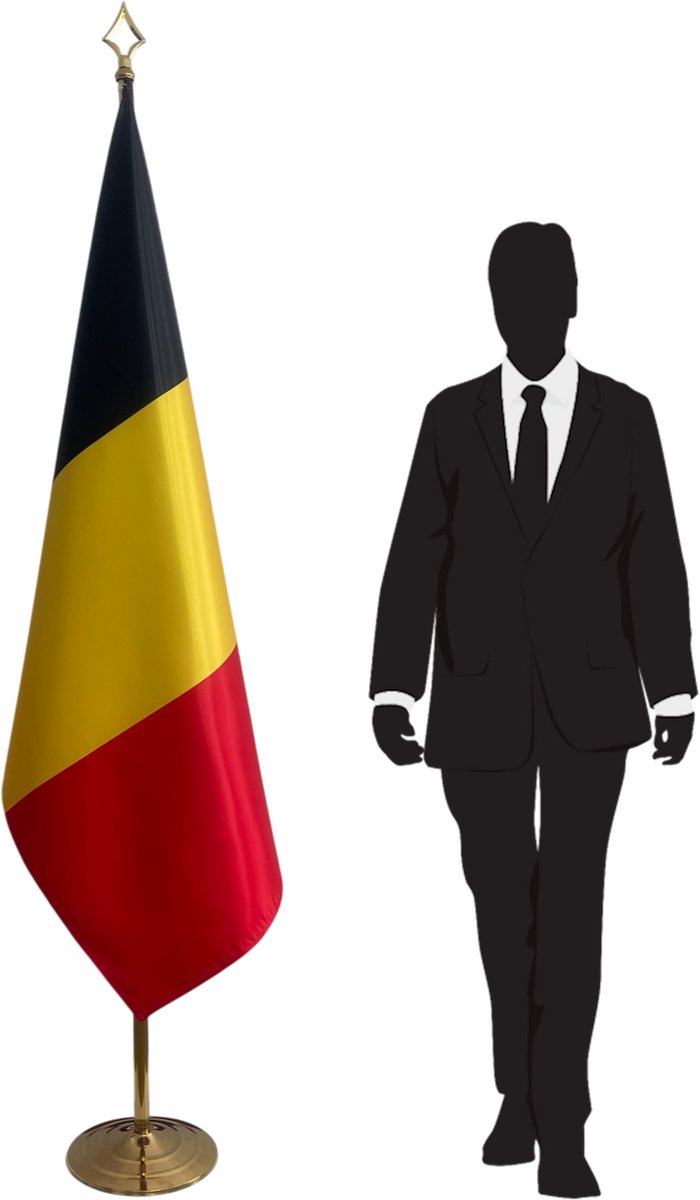Belgische vlag met standaard en mast RVS – goudkleurige afwerking – speerpunt (lance) – telescopische mast tot 2,5 m – 100x150 cm dubbelzijdig bedrukt – luxe vlag voor kantoor en instellingen
