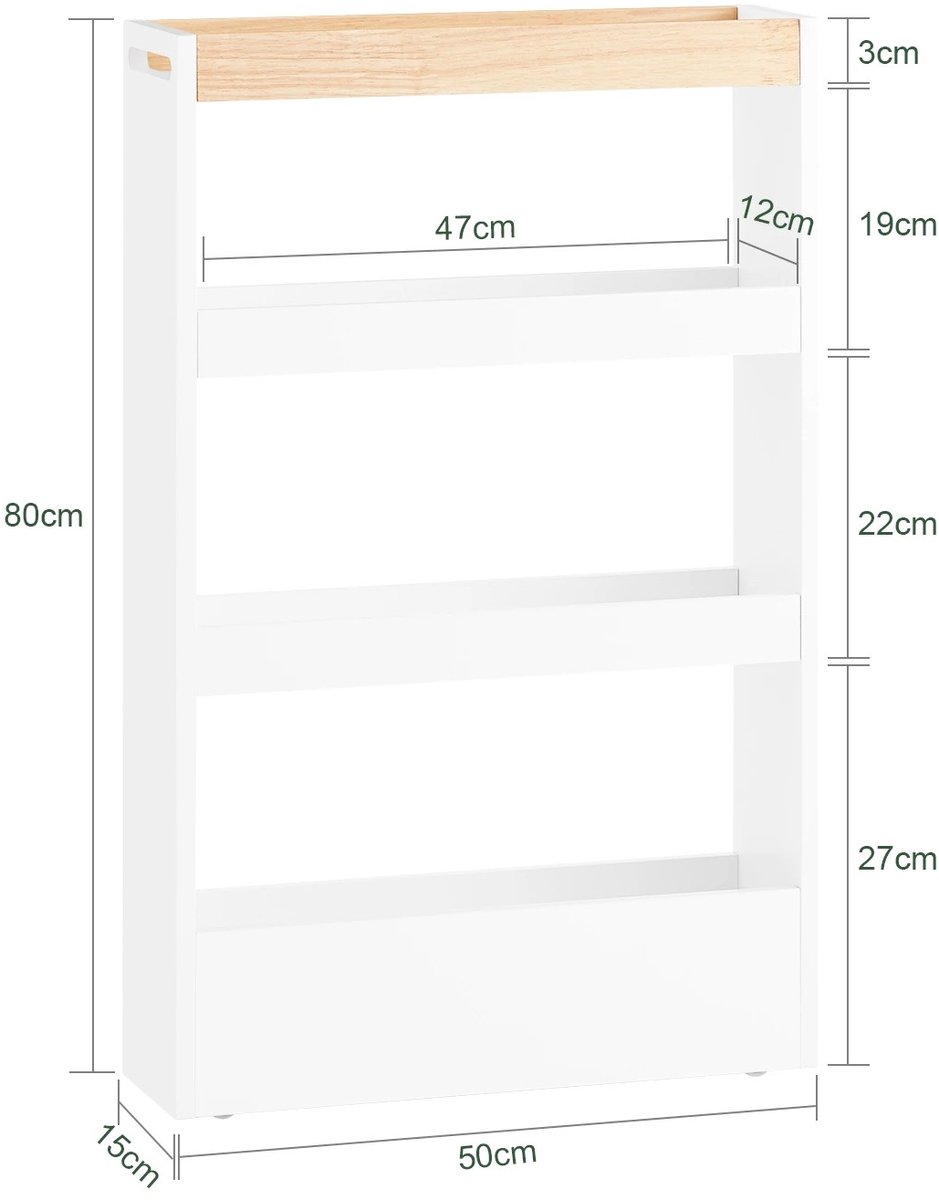 JAQZY Serveerwagen op Wieltjes - Smalle Niche Trolley - 4 Opbergplanken - Georganiseerd - 15 × 80 × 50 cm - Lichtgewicht - Wit