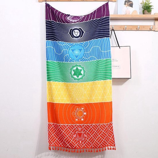 Chakra kleed - Meditatie / yoga deken - Doek met chakra symbolen - Stranddoek / handdoek / muurkleed / wandkleed - 7 chakra's - 150x70 cm - Regenboog - Jonyx van Chakra. — afbeelding 3