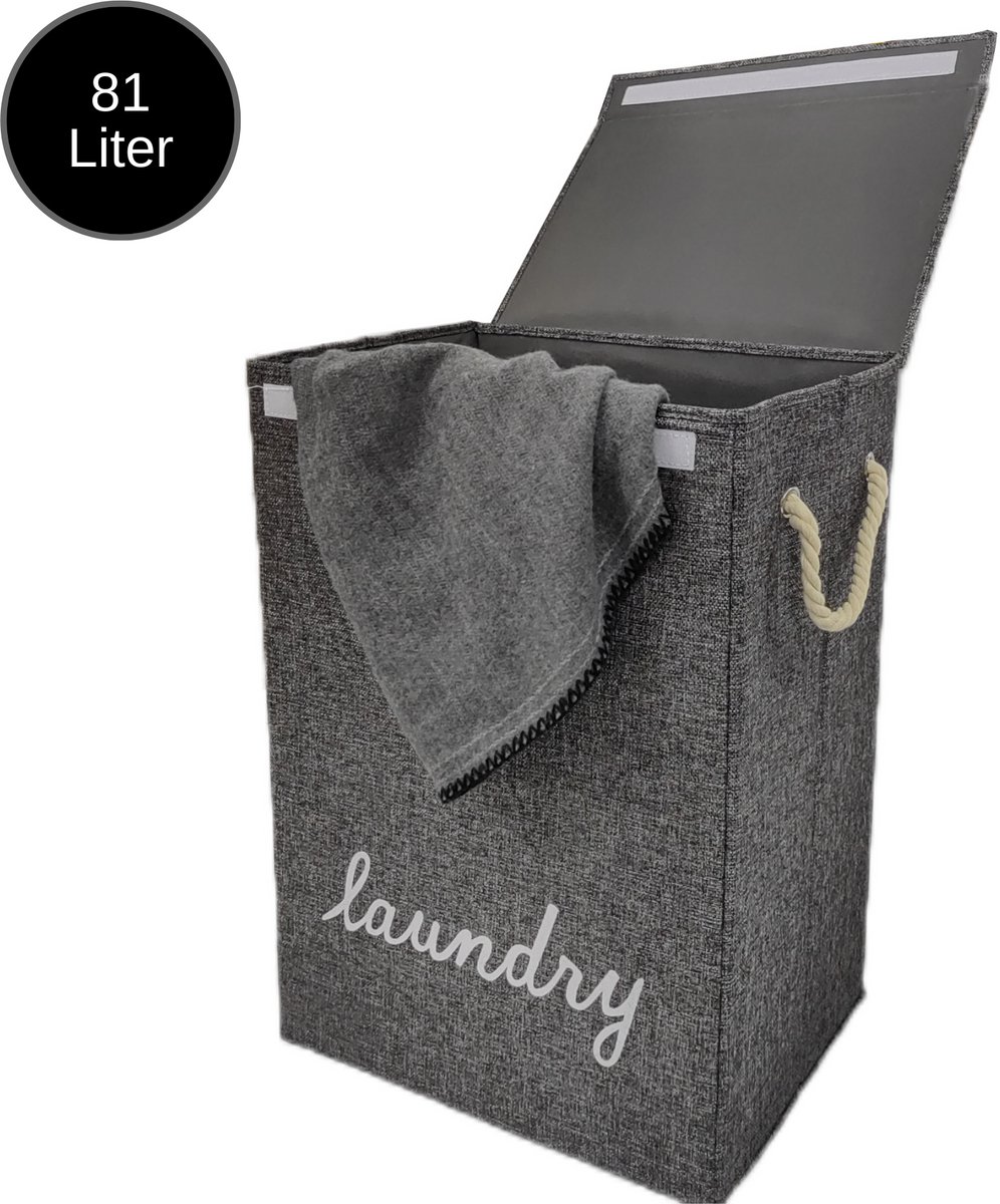 Janse® Wasmand grijs met wit - Stevige opvouwbare wasmand met deksel - 81 Liter - Met handvatten - Laundry basket - Badkamer organizer - Opbergbak - Ruime wassorteerder