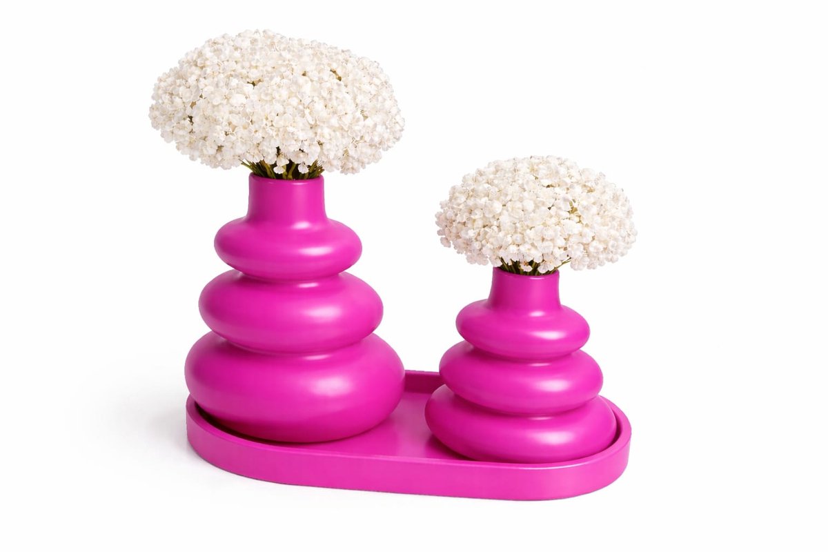 QORVANE Home - 3-delige roze vaas set met tray - decoratieve siervazen voor moderne woondecoratie