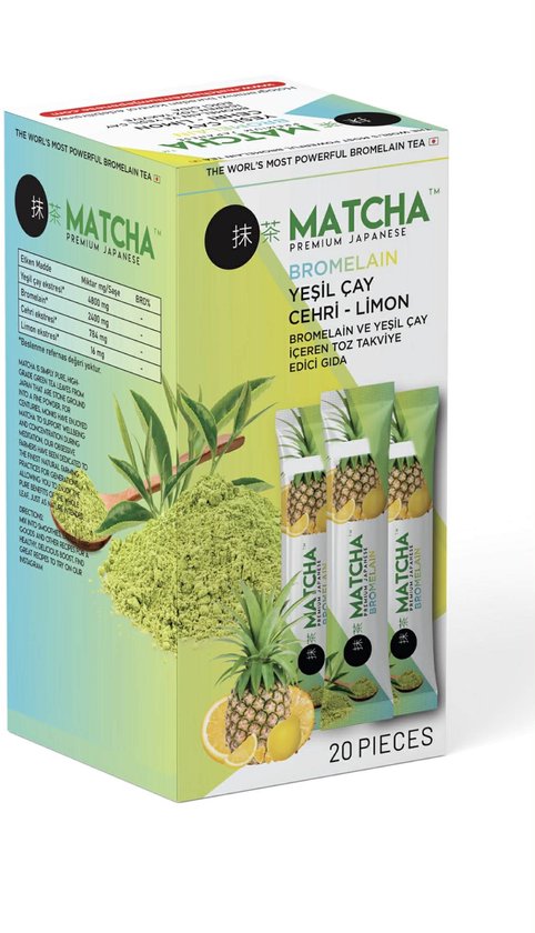 Matcha Premium Japanese Bromelain groene thee met citroen smaak, 20 stuks, met ingrediënten zoals ananas en citroen.