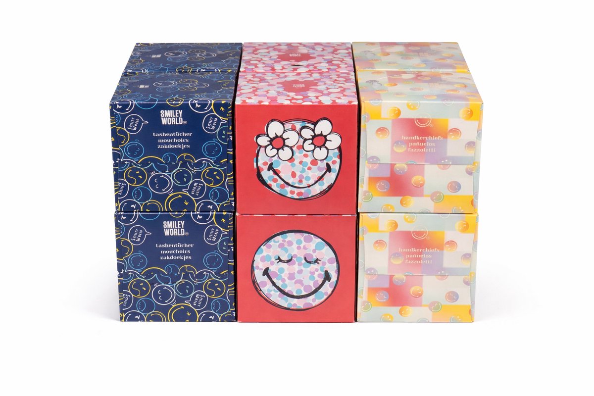 SmileyWorld® ultra zachte tissues - zakdoekjes - kleurrijke en gevarieerde ontwerpen - 3 unieke ontwerpen – compact formaat voor dagelijks gebruik - 12 sets kubusdozen met 48 vellen per doos- 12 x 48 stuks = 576 zakdoekjes-
