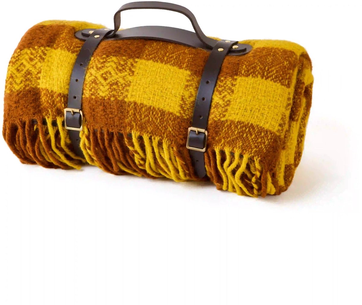 Picknickkleed Polo Okergeel en Bruin geruit - Wol - Leren Draagset - Waterdicht - 145x183cm - Tweedmill