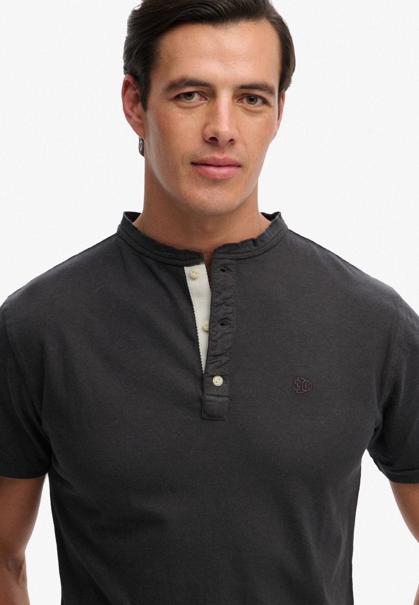 Superdry Classic Cotton Linen Korte Mouw Henley T-shirt Heren Tops Dark Charcoal