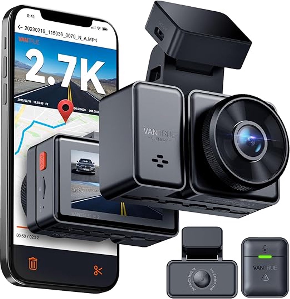 VANTRUE E2 1944P+1944P Dashcam Auto 5GHz WiFi GPS, Draadloze en Spraakgestuurde Dashcam Voor Achter, WDR-nachtzicht, Buffer Parkeermodus Autocamera, 2,45 Inch Lusopname G-sensor, Max. 512GB