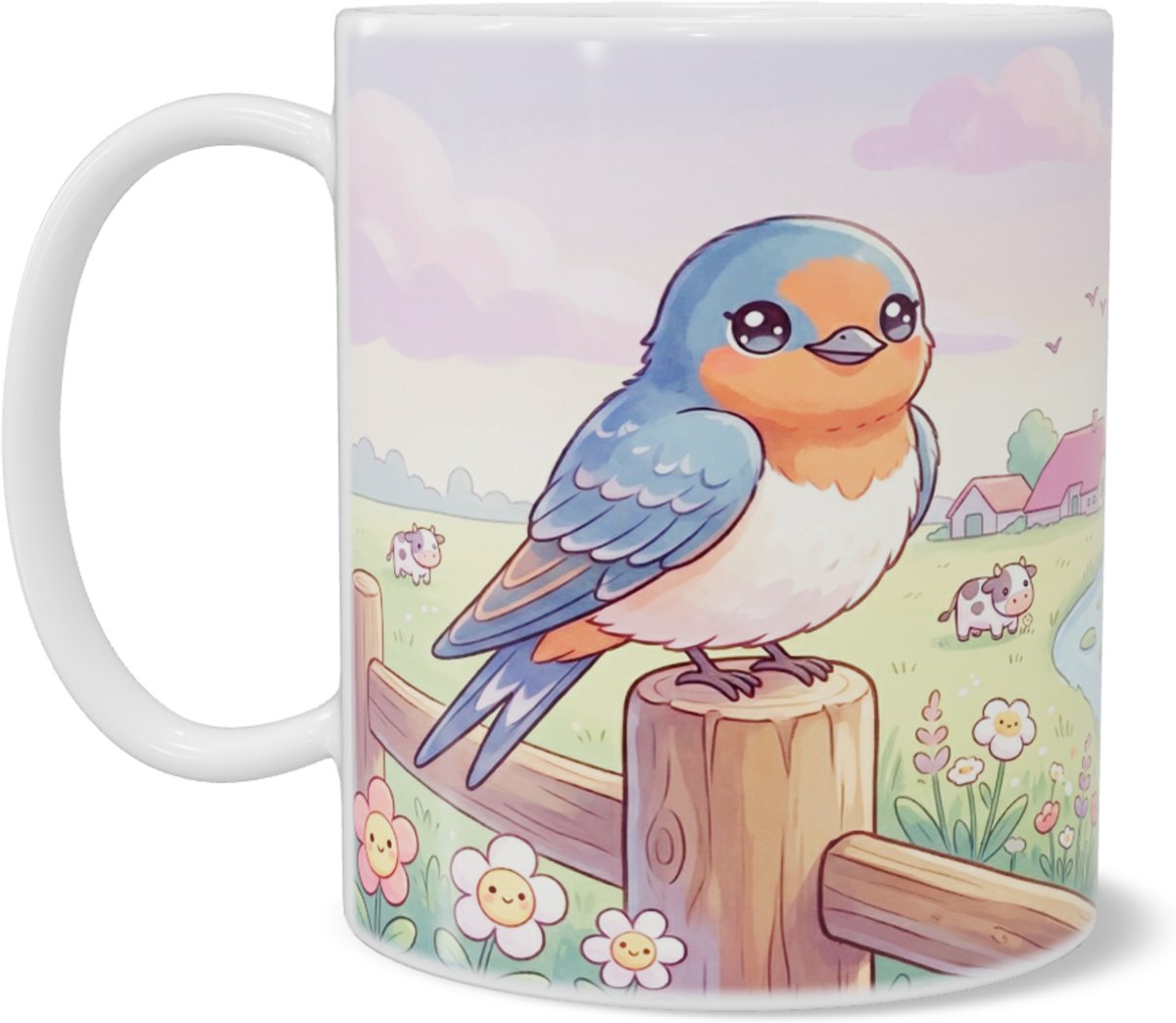 Lieve Kawaii Series Vogel Koffiemok met Lachende Zon, Molen, Koeien en Papieren Bootje - Schattige Boerderijdieren Theebeker voor Ontspanning Thuis of op het Werk Kantoor - Cadeau voor haar: Dochter, Vrouw, Vriend(in) of Collega