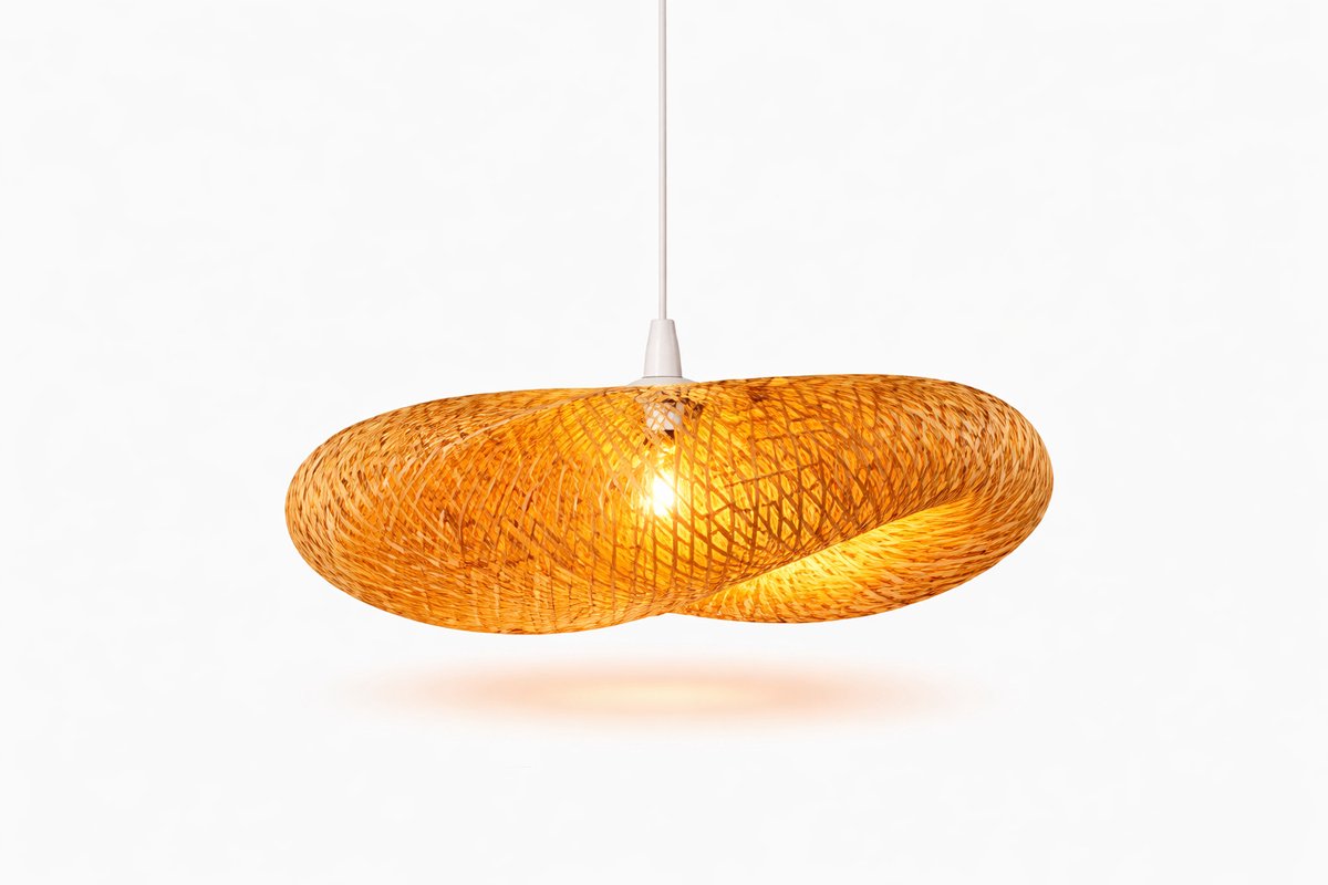 Bamboe Hanglamp XL – Unieke Golfvorm – Japandi – Ø60 cm – Handgemaakt – Warm Sfeervol Licht – Incl. Pendel