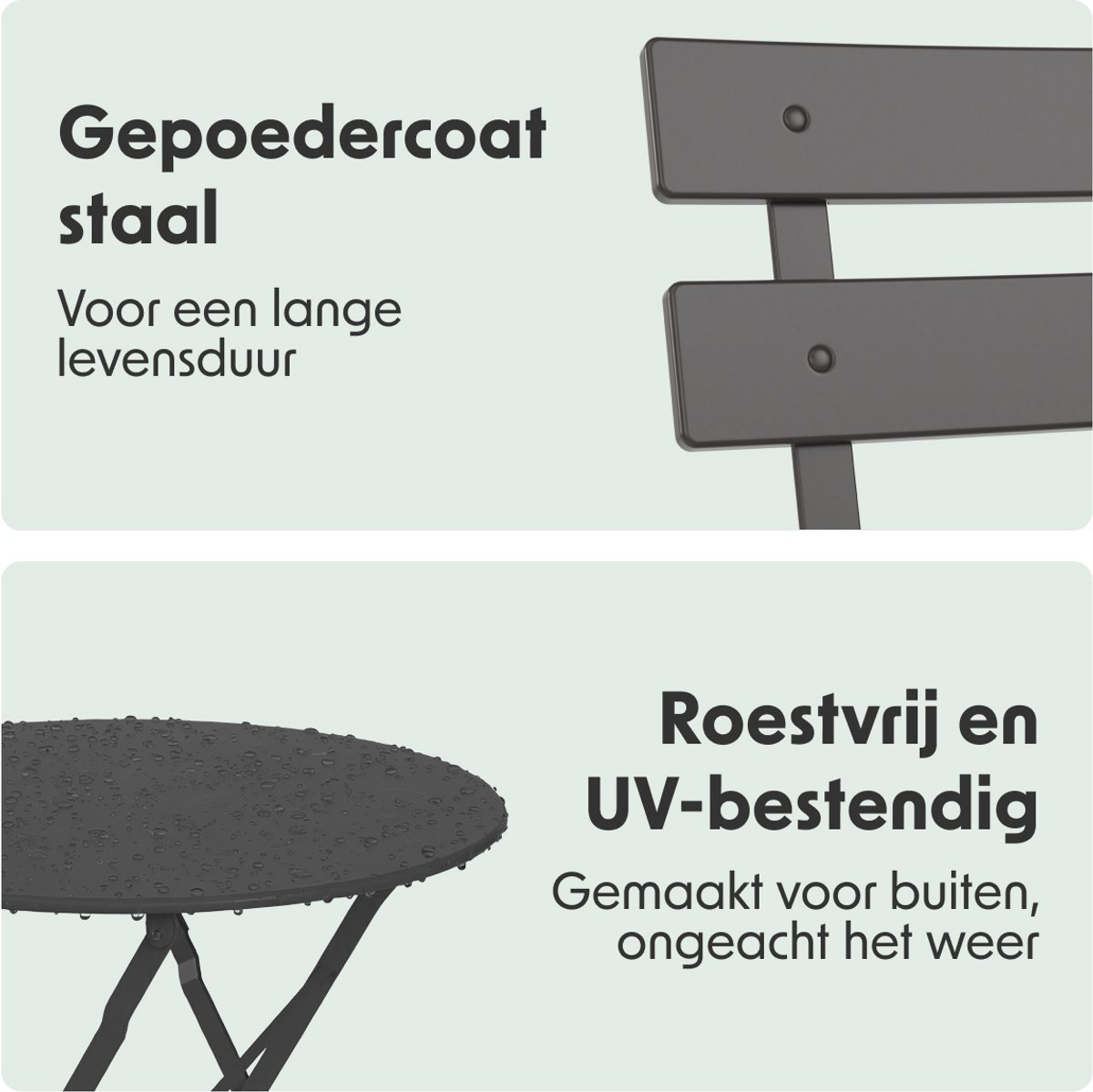LifeGoods Bistroset - Staal - 3-delig - Tuinset - Inklapbaar - Balkonset met Tafel - Weerbestendig - Donkergrijs – foto 3