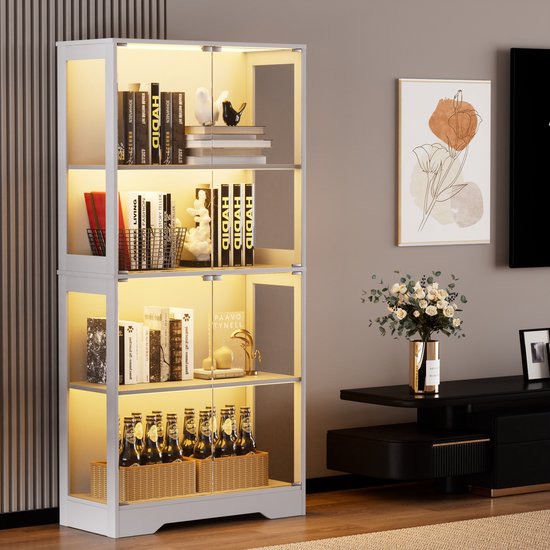 OKWISH Glasvitrine - Met Ledverlichting En Bewegingssensor - Voor Woonkamer Slaapkamer En Kantoor - MDF En Glas Wit - 80x35x165 Cm