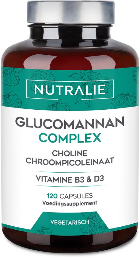 Bruine pot met groene label, Nutralie Glucomannan Complex, 120 capsules.