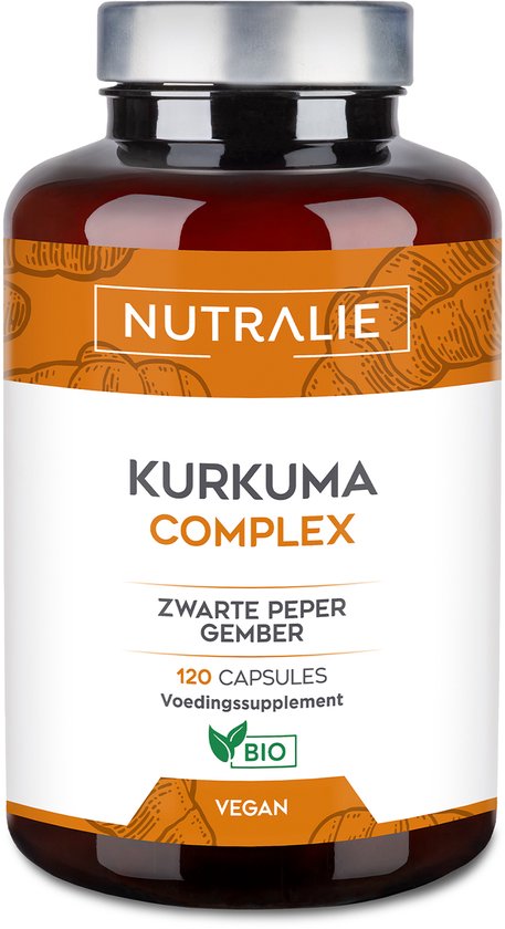 Fles Nutralie Kurkuma Complex met opschrift 'Zwarte Peper Gember'.