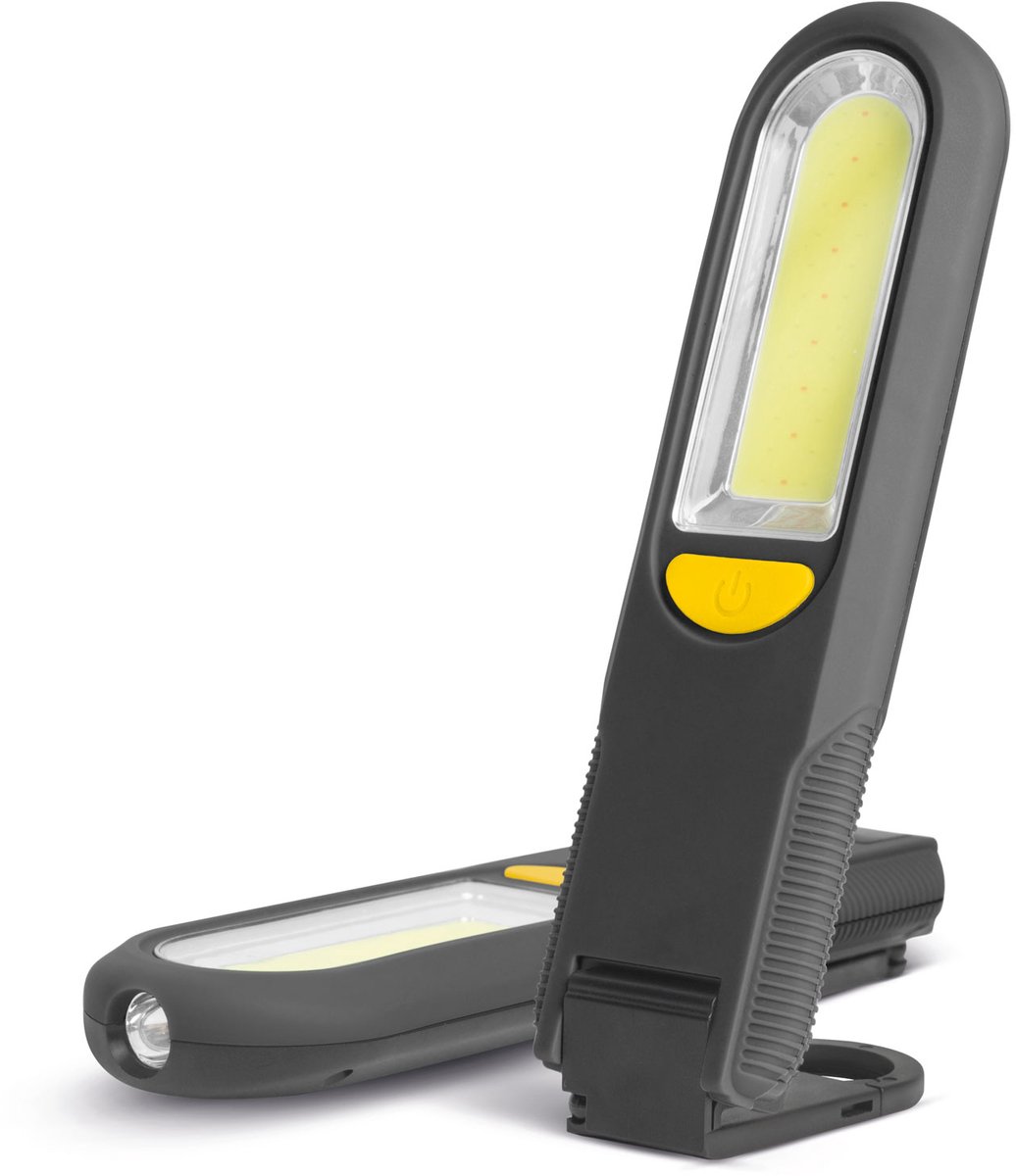 1x Werklamp - Magnetisch - COB + SMD LED - 3 W - 20-300 lm - 3×AAA (niet incl.) - 4 Modi (SMD zaklamp, COB werklicht, rood knipperlicht) - 360° haak - IP20 - 180×51×25 mm - 106 g - Zwart/Geel [18614]