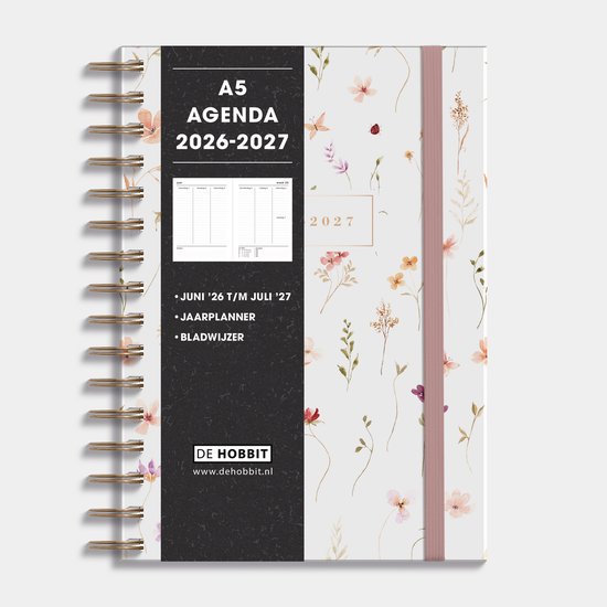 Hobbit - A5 Agenda 2026-2027 - 1 week op 2 pagina's - Harde Kaft - Ringband Agenda A5 (14,8 x 21 cm) - Aquarel bloemetjes