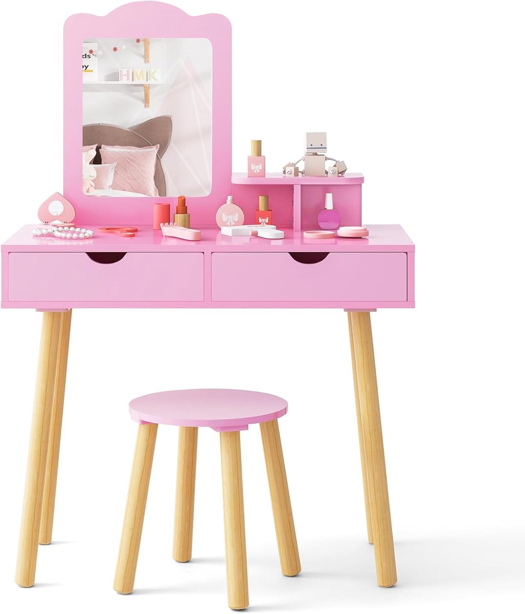 KOMFOTTEU Kindermeisjeskaptafel 3-7 jaar, 2-in-1 houten kaptafel met afneembare spiegel en kruk, make-uptafel en bureau met 2 lades, opbergplank