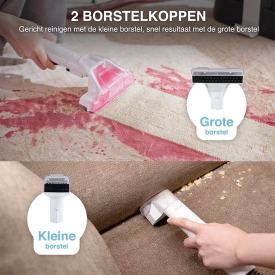 Twee opzetkoppen voor de Swiftvein Vortex tapijtreiniger: een grote borstel voor snel resultaat en een kleine borstel voor gericht reinigen op meubels.