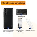 Inhoud van de verpakking: zwart R2B telefoonhoesje met pasjeshouder, reinigingskit, handleiding (NL-EN), screenprotector.