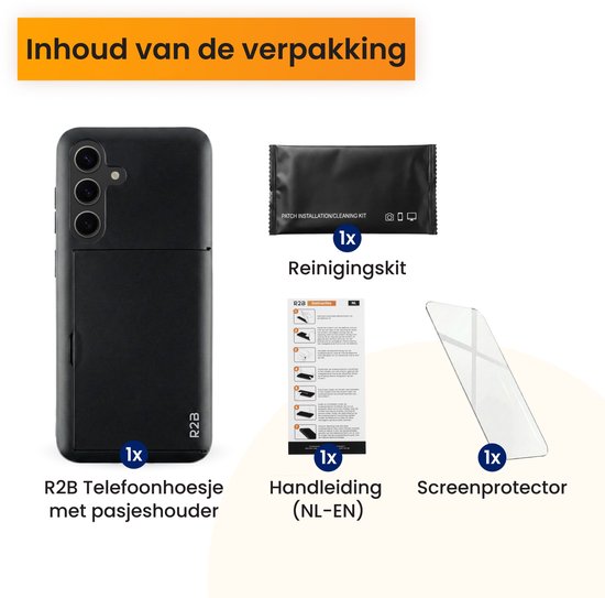Inhoud van de verpakking: zwart R2B telefoonhoesje met pasjeshouder, reinigingskit, handleiding (NL-EN), screenprotector.