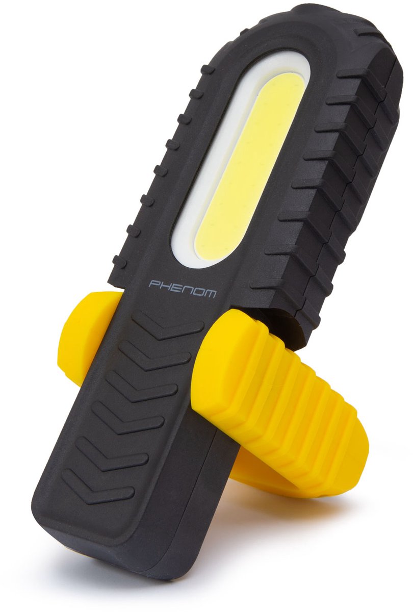 Werklamp 2-in-1 - COB LED + SMD LED - Zaklampfunctie - 400 lm / 120 lm - 2000 mAh Li-ion - Type-C Oplaadbaar - Magneetvoet, 360° Hanger, Riemclip & Standaard - IP64 - Geel/Zwart - Compact & Lichtgewicht 165×53×26 mm [18618B]