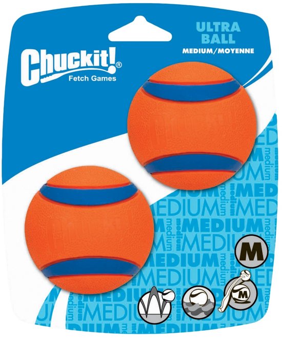 Verpakking met twee oranje Chuckit! ballen met blauwe strepen. De ballen zijn middelgroot.