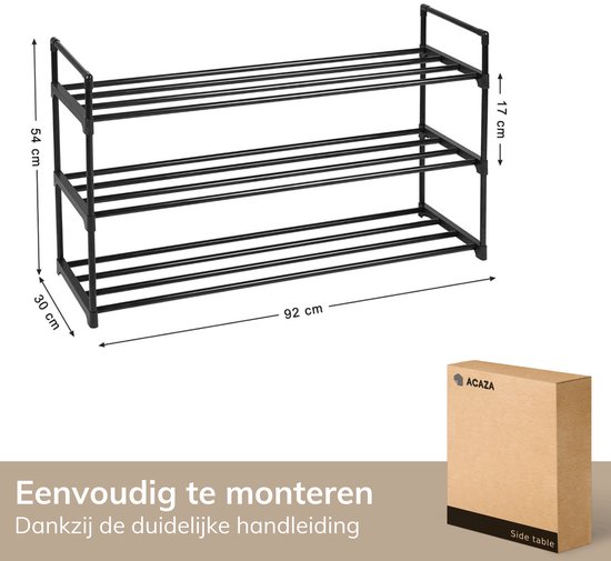 ACAZA Schoenenrek - Schoenenkast - 3 Lagen - Voor 12 paar schoenen - 92 x 30 x 54 cm - Metaal - Zwart