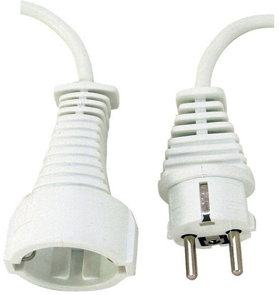 Witte kabel met stekker en contrastekker, beide met beschermingscontact.