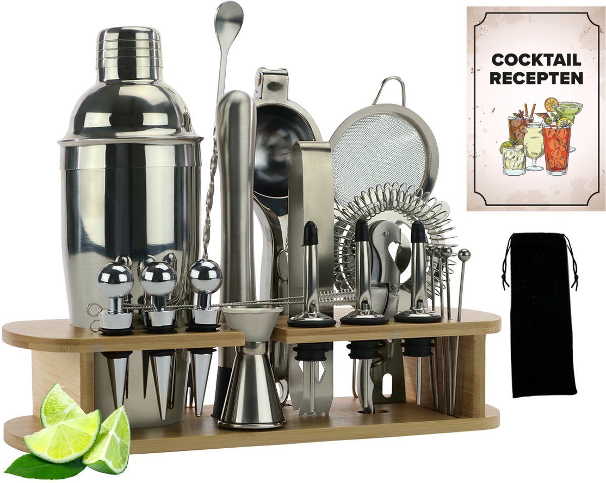 MUOIVG Cocktailset, roestvrij staal, cocktailshakerset, 17-delige barkeeperset, 750 ml, cocktailshaker set met acryl standaard, receptenboek, opener, maatbeker en barlepel ect, voor thuis of in de bar