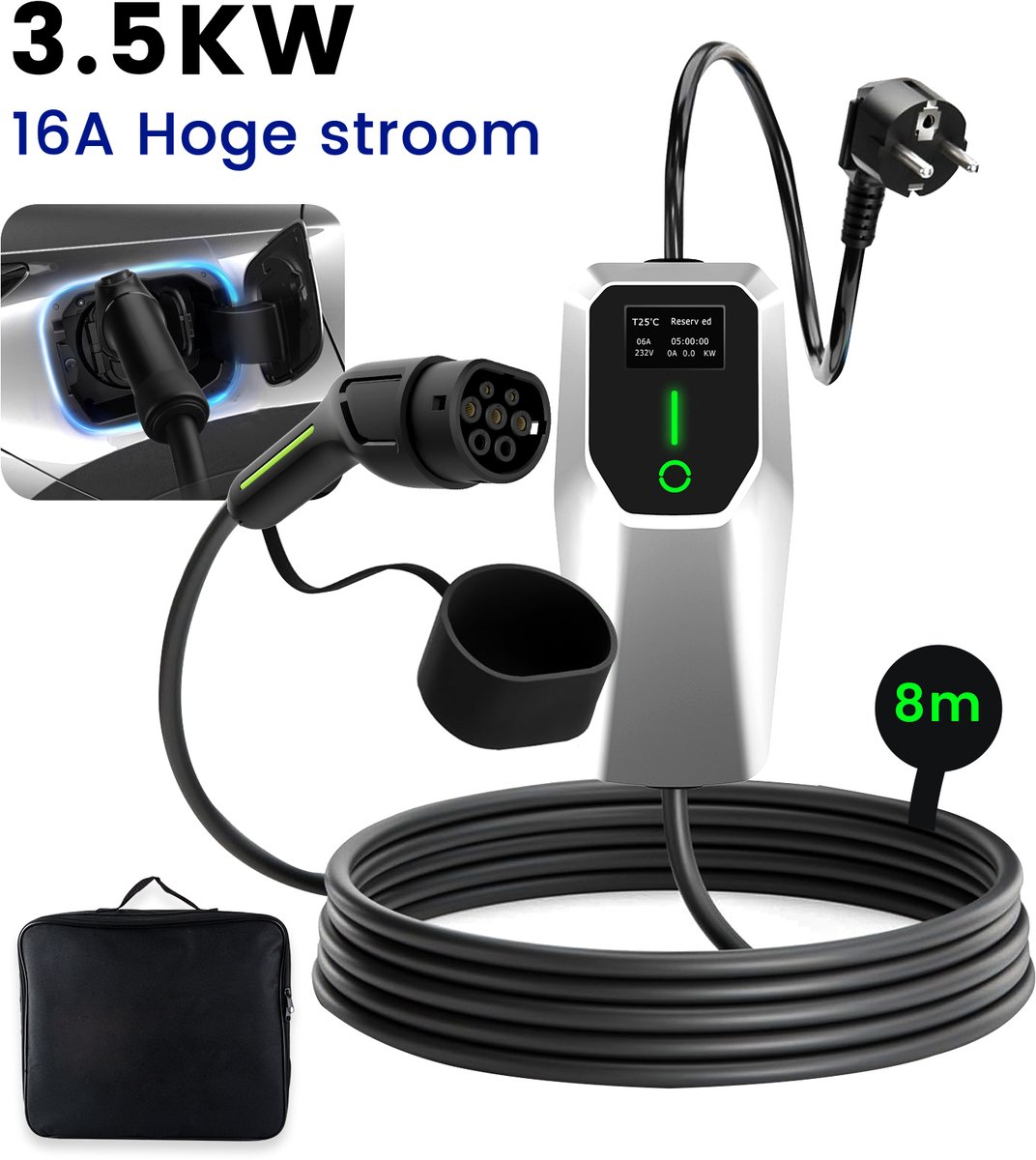 Krachtige Draagbare EV Laadkabel - Type 2, 8m Kabel