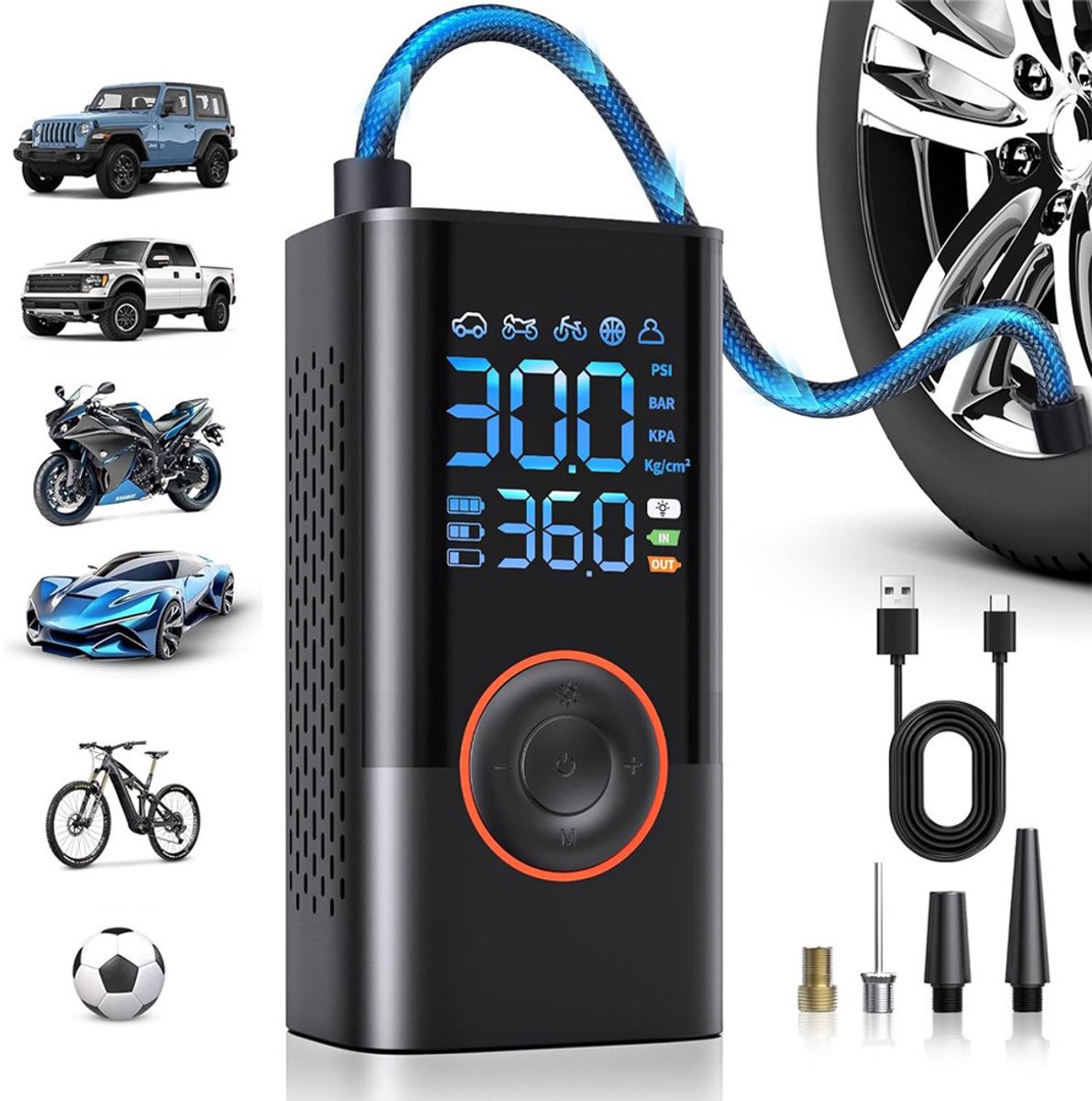 Homtas Luchtcompressor – Elektrische Fietspomp – Bandenpomp – Helder Display – USB-C Opladen – Harde Beschermhoes – voor Auto/Fiets/Motor/Ballen