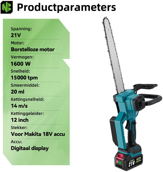 NewBeny Accu Kettingzaag - 12 inch Zaagblad - Borstelloze Kettingzaag - Snoeizaag - Takkenzaag - met 2x Accu - Automatische Kettingsmering - voor taksnijden en houtbewerking, inclusief — afbeelding 2