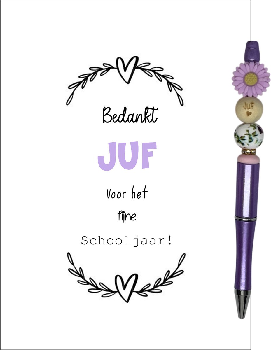 Kralenpen en kaartje JUF | LILA | liefste juf | einde schooljaar | cadeau | topjuf | de liefste ben jij | juffen | cadeautje voor de juf