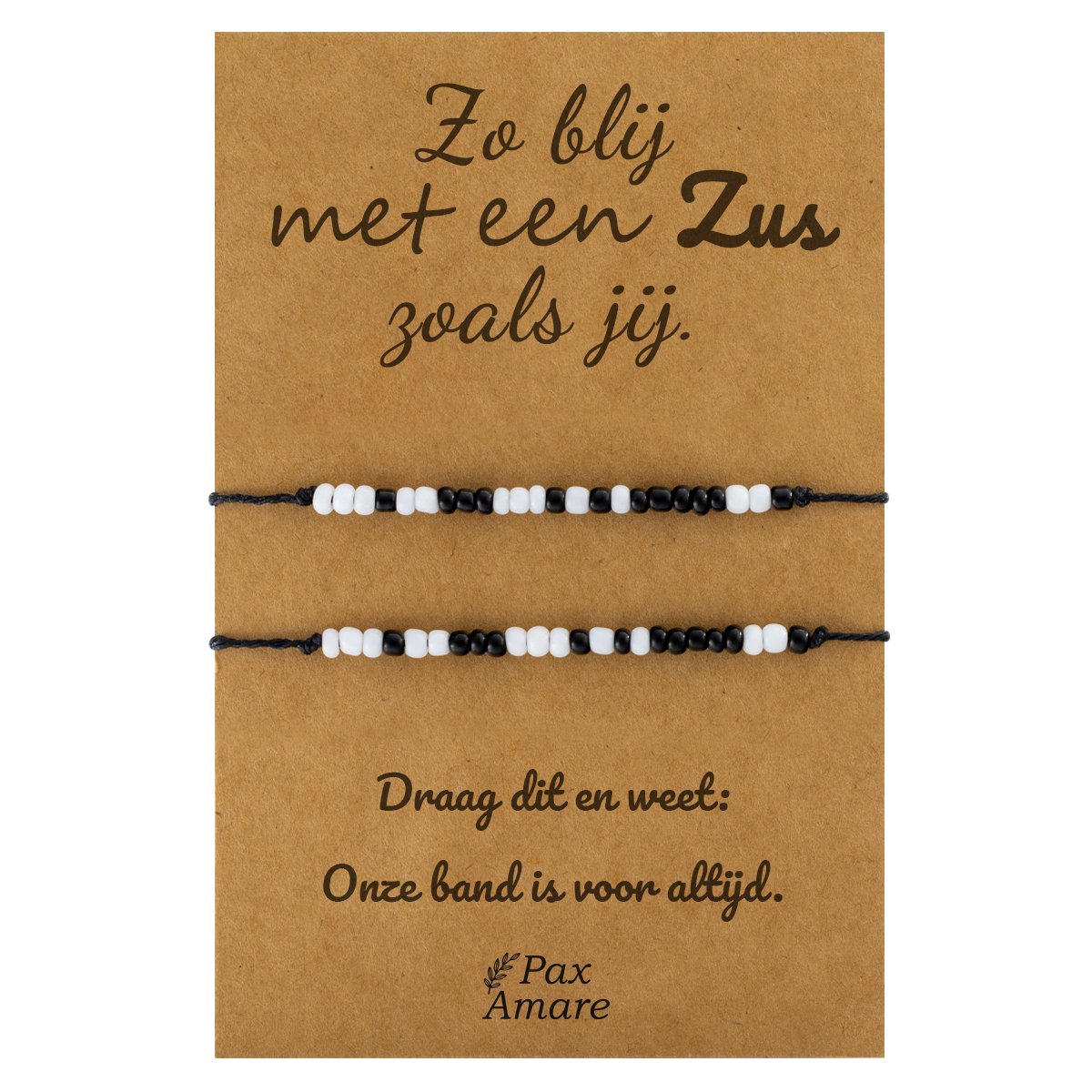 Zussen Armbandjes voor 2 "Zo blij met een Zus zoals jij" - Morse Code "ILY" - Sisters Armbandjes met Cadeau Kaartje - Zwart/Wit - Elastisch Verstelbaar - Pax Amare