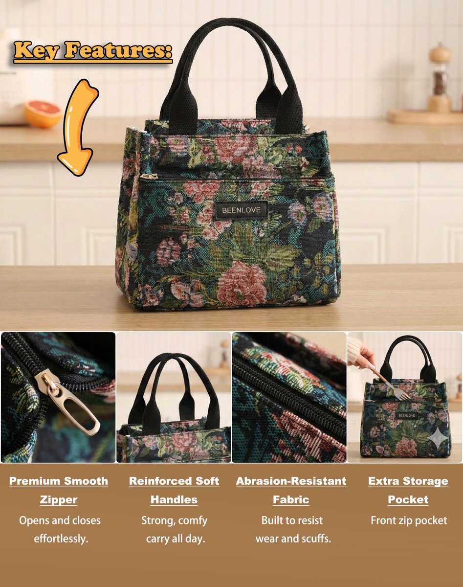 Rainbecom - Koeltassen Lunchtas 5,5L Geïsoleerd - Lunch tas Dames & Heren - 22x13.5x19.5 cm Lunchbag voor Werk & School - Koeltas Waterafstotend Polyester - Grote Opening met Rits - Zwart Vintage Rozen — cadeau in Cadeau-ideeën - foto 3