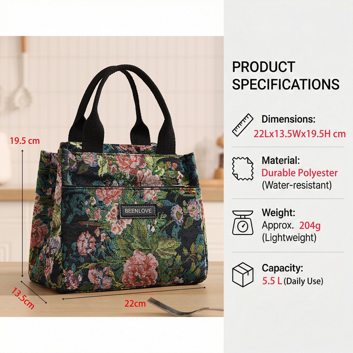 Rainbecom - Koeltassen Lunchtas 5,5L Geïsoleerd - Lunch tas Dames & Heren - 22x13.5x19.5 cm Lunchbag voor Werk & School - Koeltas Waterafstotend Polyester - Grote Opening met Rits - Zwart Vintage Rozen — cadeau in Cadeau-ideeën - foto 2