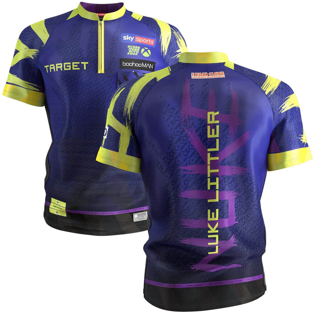 Target Darts Luke Littler Officieel Dartshirt 2026 The Nuke Volwassenen Maat L - Polymesh Microvezel Stof - Kraagloze Dartkleding met Ventilatiesysteem - Paars Navy Geel Design