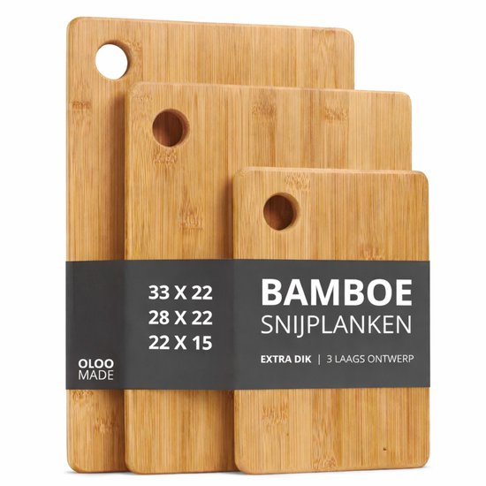 OLOO MADE Snijplankenset 3 Stuks – Extra Dik Bamboe Hout – 3-Delig – Snijplank – Borrelplank – Tapasplank – Kaasplank – 33×22 | 28×22 | 22×15 cm