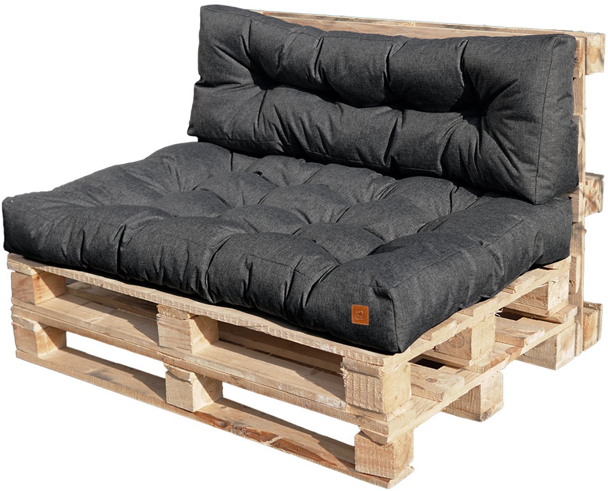 Blomster – Palletkussens set van 2 – Tuinkussens voor palletbank – Zitkussen 120x80x14 cm en Rugkussen 120x40x14 cm – Donkergrijs