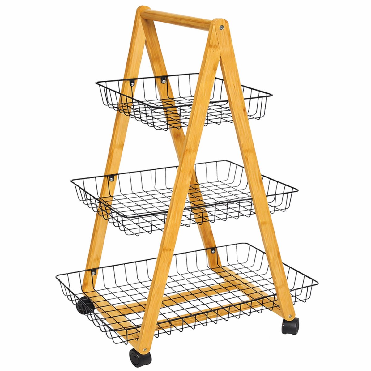 Luxaliving Keukentrolley Bamboe – 3-Laags – Metalen Manden – Verrijdbaar – Opbergkar op Wielen – L37 x B39 x H85 cm