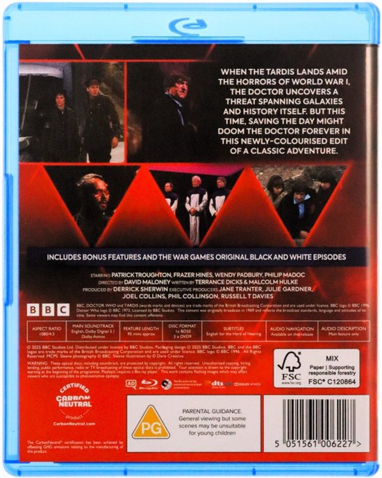 Achterkant van de Blu-ray-hoes van Doctor Who: The War Games, met een tekstoverzicht en scènes uit de serie.