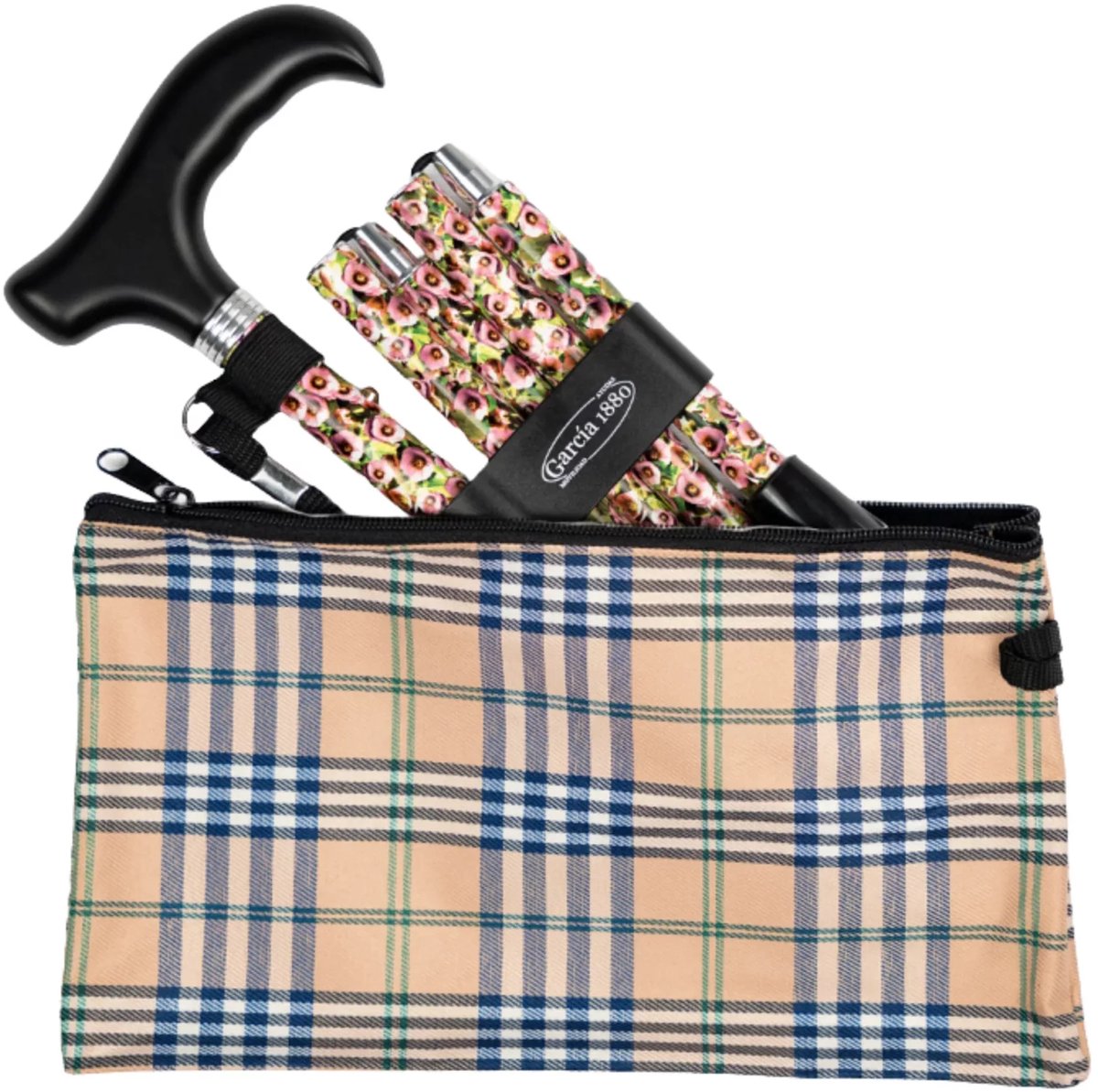 Garcia 1880 Opvouwbare wandelstok - Incl. polsbandje en opbergtas - Roze bloemen - Verstelbaar van 84 tot 92 cm - Aluminium - Derby handvat - Wandelstok vrouwen en mannen - Met wandelstok clip