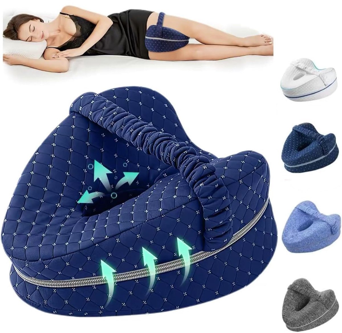 Beenkussen | Ergonomisch kussen voor zijslapers | Kniekussen van traagschuim met bandje voor zijslapers | Beensteunkussen met afneembare en wasbare hoes