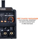 Close-up van de Kibani MIG-300PRO, met de tekst "IGBT-inverter-technologie"