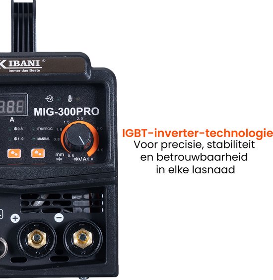 Close-up van de Kibani MIG-300PRO, met de tekst "IGBT-inverter-technologie"