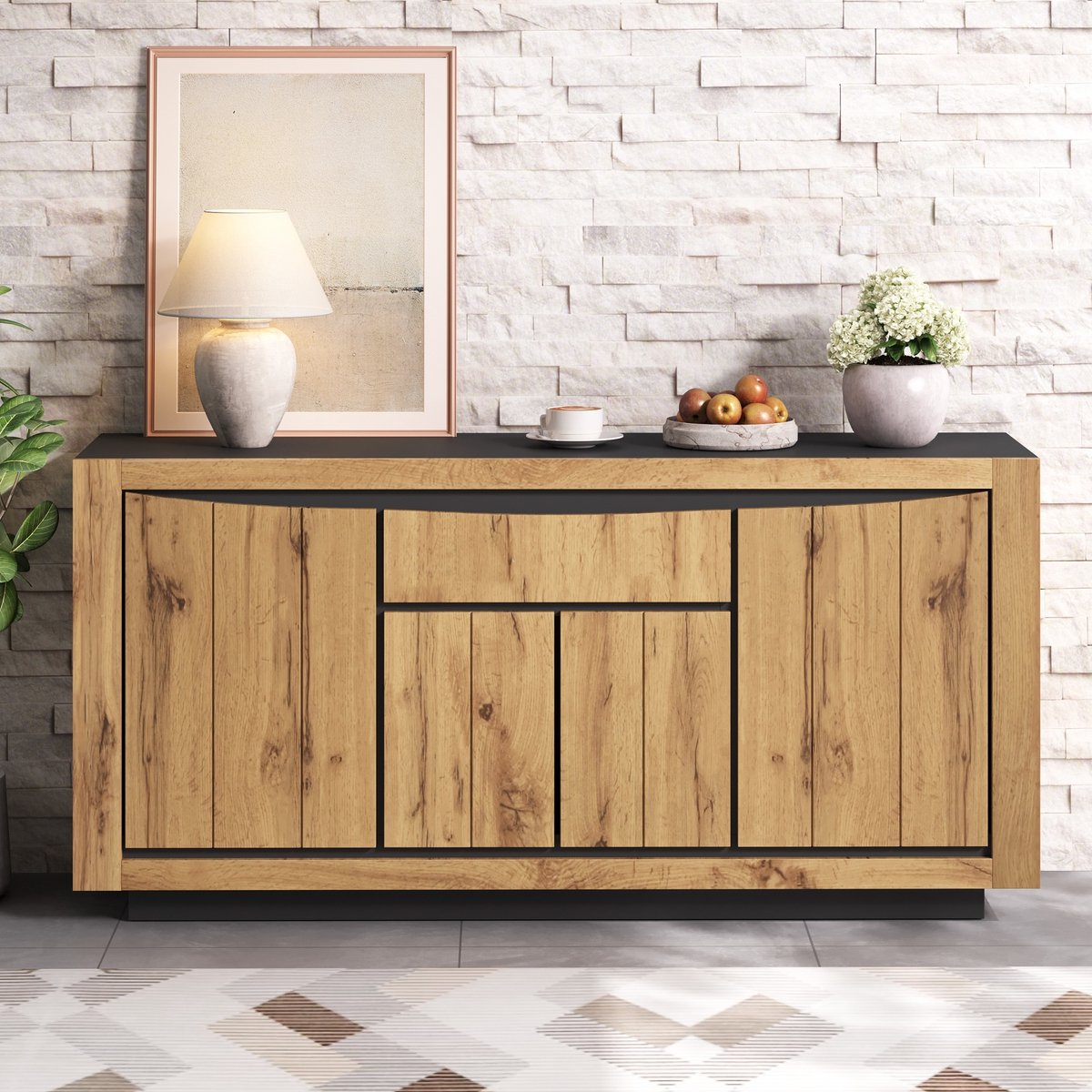 PHOEBE CAT Dressoir - Halmeubel - Houtnerf - Met lade - 4 deuren - Natuurlijke + Zwart