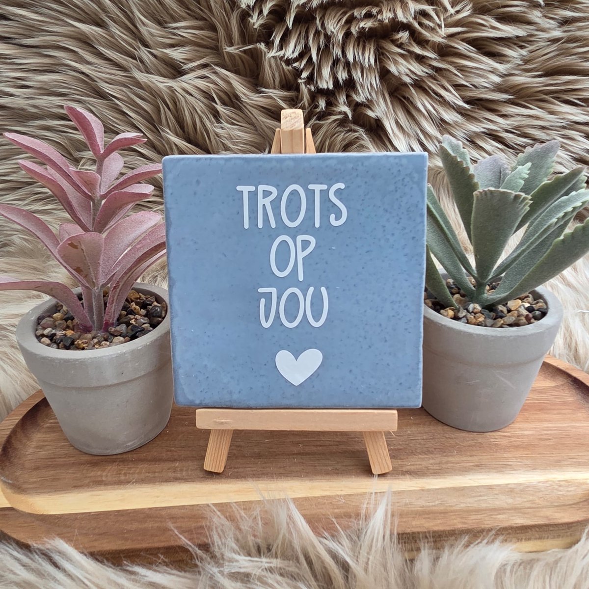 CreaCraft Robuust Wenstegeltje “Trots op Jou” – Lief Cadeautegeltje met Hartje – Trendy nu – Geslaagd – Vriend(in) – Familie – Gezin – Zomaar – Cadeau – Geslaagd – Decoratief Tegeltje met Standaard – Cadeau Idee Robuust lichtblauw/Wit
