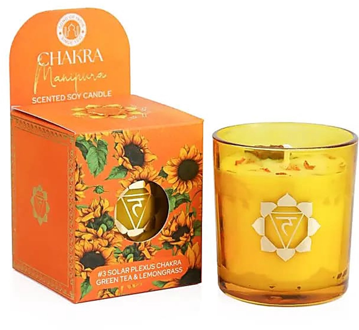Phoenix Import Mani Bhadra Soja geurkaars Manipura chakra groene thee & citroengras – Ø7 cm x 8 cm geel