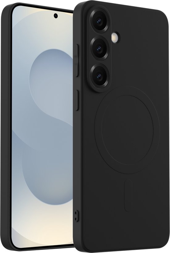 Coque noire en silicone avec cercle MagSafe sur un Samsung Galaxy S25 Plus avec découpe de caméra large.